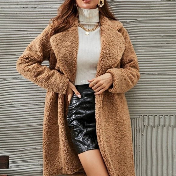 KHAKI OPEN FRONT TEDDY COAT FALL WINTER CONTEMPORARY CHIC STREETWEAR - Picture 4 of 7